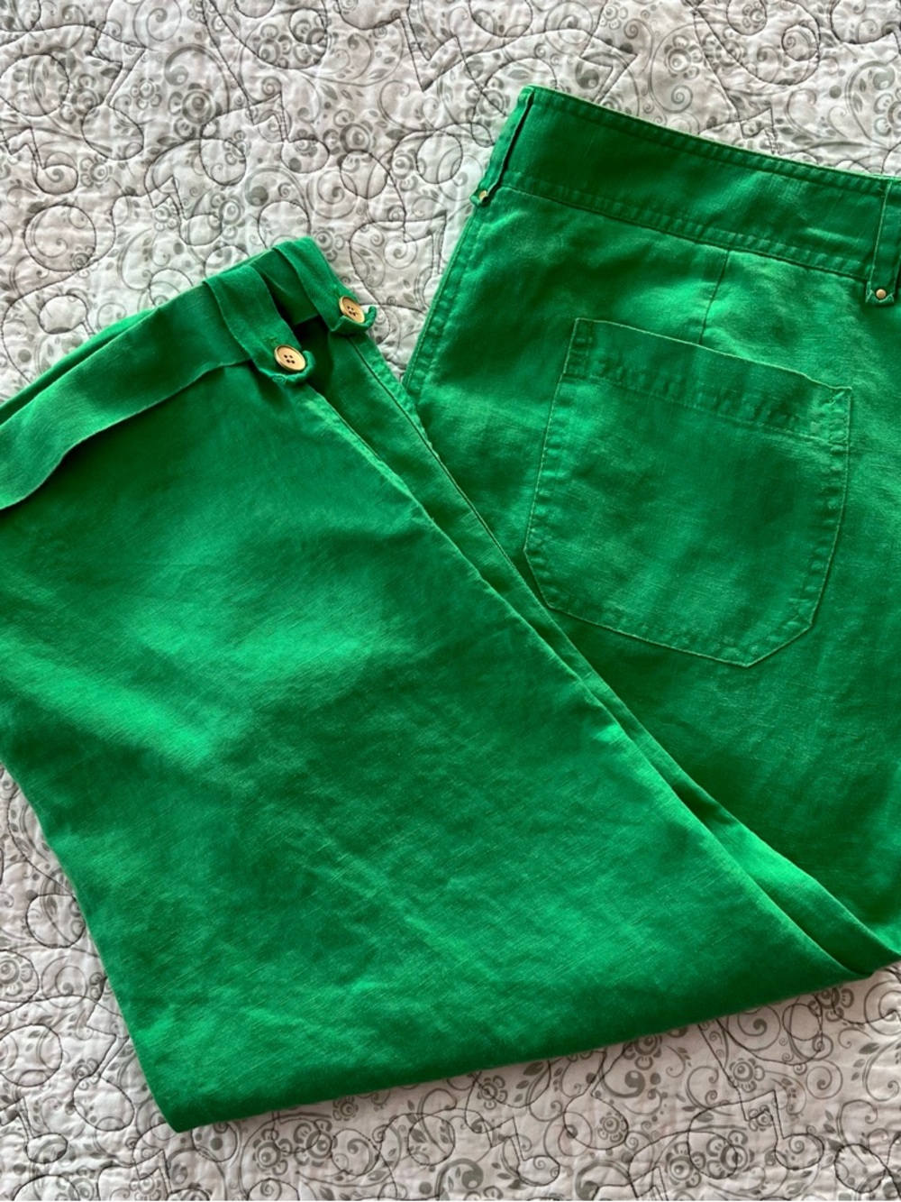 Jones New York 100% Linen Kelly Green Cropped Cuffed Pants Soft Cabincore Preppy